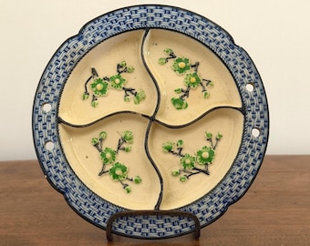 Vintage Green and Blue Basketweave Plate | Hand-Painted Japanese Moriyama Dish