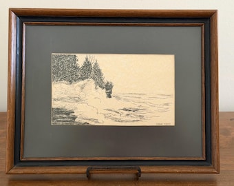 Vintage Custom Framed Original Coastal Art | Signed and Dated Ink Drawing