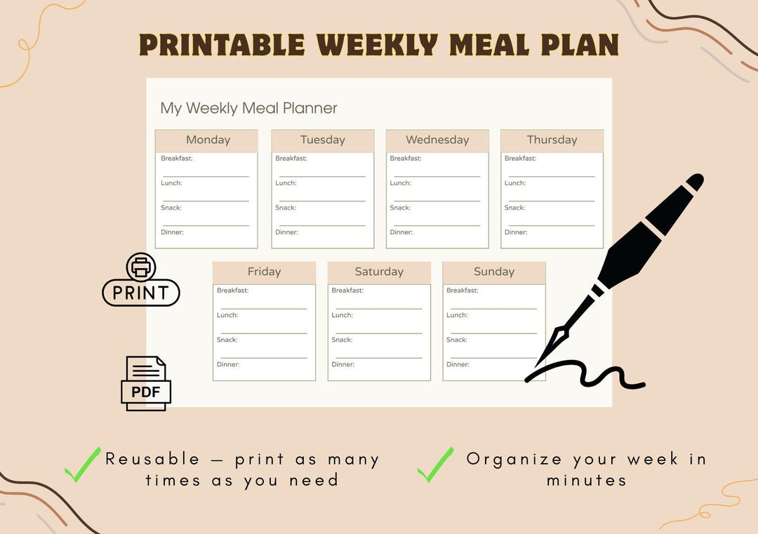 Weekly Meal Planner Printable, A4 A5 US Letter, Simple Meal Plan ...
