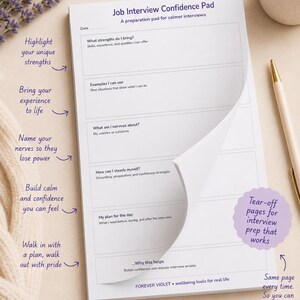 May include: A white paper notepad titled Job Interview Confidence Pad with sections for strengths, experience, nerves, grounding strategies, and daily plans. The page has a curled corner and includes text prompts to help organise thoughts for job interviews.