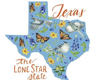 May include: A blue outline of the state of Texas with the word "Texas" written in orange cursive. The outline is decorated with bluebonnets, butterflies, and mockingbirds. The text "the LONE STAR state" is written in orange cursive at the bottom left of the image.