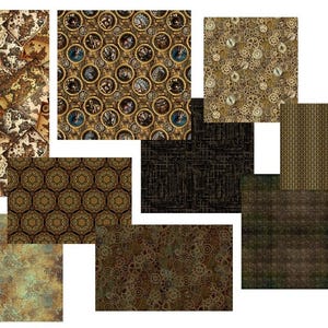 May include: A collection of twelve square fabric swatches featuring various patterns including vintage maps, circular clockwork gears, metallic grid lines, dark geometric shapes, weathered bronze textures, and intricate brown and gold floral motifs.