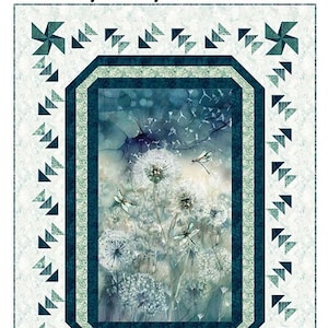 May include: A quilt kit titled "Gone to Seed" by Northcott, measuring 54x72 inches. The quilt features a central image of dandelions and dragonflies in shades of blue and white, framed by a geometric border with teal and white accents.