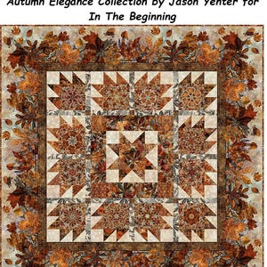 May include: Autumn Star Quilt Kit 51x51" Autumn Elegance Collection by Jason Yenter for In The Beginning. A square quilt featuring a central star motif surrounded by blocks with leaf patterns, framed by a border of autumn leaves in brown, orange, and cream tones.