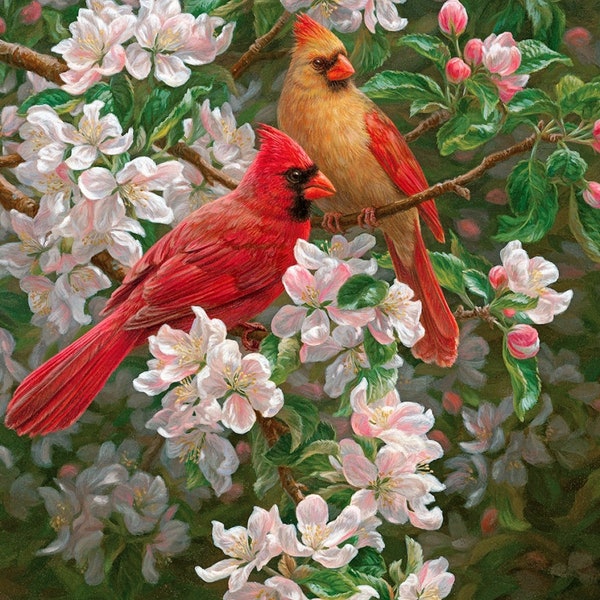 Spring Romance Cardinals Panel 36x44" cotton Quilt fabric David Textiles