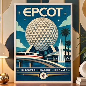 May include: A framed poster featuring the Epcot geodesic sphere, a monorail, palm trees, and a fountain against a blue sky. The text reads EPCOT at the top and DISCOVER IMAGINE INNOVATE at the bottom, with a compass rose icon centered below.