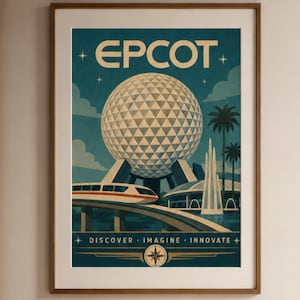 Peut inclure: Une affiche verticale encadrée présentant une illustration stylisée de la sphère géodésique d'Epcot, d'un monorail et d'une fontaine. Le texte indique EPCOT en haut et DISCOVER • IMAGINE • INNOVATE en bas, sur un fond bleu sarcelle et crème.