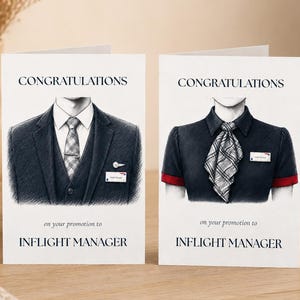 May include: Two white greeting cards with black text reading CONGRATULATIONS on your promotion to INFLIGHT MANAGER. The left card shows a charcoal suit with a plaid tie and name tag. The right card shows a dark uniform with a plaid scarf and name tag.