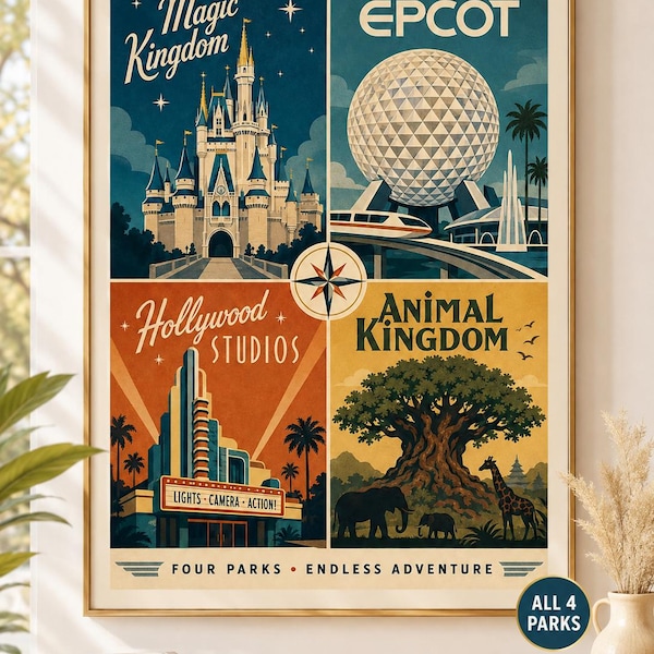 Poster dei quattro parchi di Disney World / Stampa di viaggio vintage retrò audace / Magic Kingdom, EPCOT, Animal Kingdom, Hollywood Studios