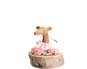 rat in a pink tutu, felted creature miniature - tiny stump diorama