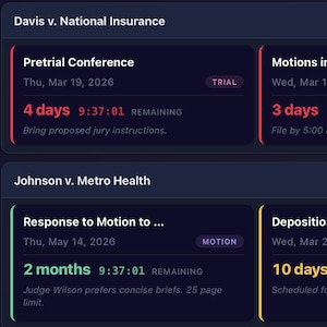 May include: A dark-themed digital interface displays case deadlines. The screen shows overdue, upcoming, and completed tasks, with specific deadlines for motions, trials, and conferences. The interface includes dates, times, and remaining time for each task.