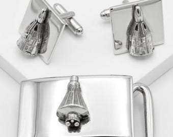 Conjunto de gemelos y hebilla vintage del Proyecto Cápsula Mercury de la NASA, recuerdos del programa espacial Friendship 7, regalo científico de la carrera espacial de la década de 1960.