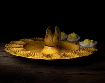 Vintage Deviled Egg Plate with Chicken Center, USA Pottery Egg Server, Mid Century Relish Tray, Farmhouse Entertaining Dish