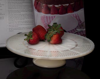 Vintage Milk Glass Cake Stand, Footed Dessert Pedestal Plate, White Serving Stand, Lace Pattern, Wedding Decor, Farmhouse Kitchen