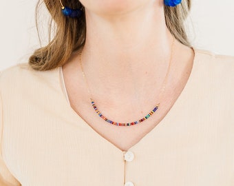 Handmade Beaded Necklace, Gold Filled Chain, Recycled Vinyl & Glass Beads
