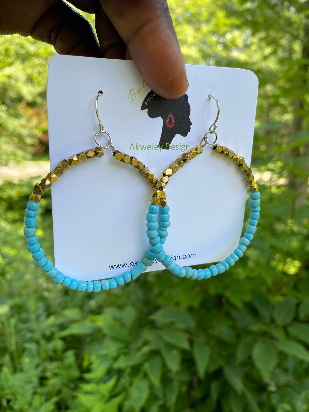 Turquoise Beaded Earrings Handmade, Gold Bead Earrings Hoops, Trendy