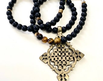 Ethiopian pendant necklace men, protection jewelry, tiger eye beaded necklace, Handmade,  black-owned shops jewelry necklace, African bead