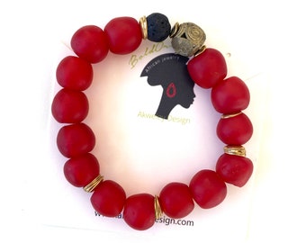 Red bracelet, African recycled glass bracelet, chunky red bracelet, African trade beads, beaded bracelet red, recycled glass bead bracelet,