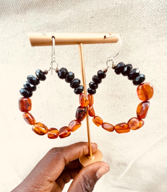 Amber Beaded Earrings Women, Handmade Beaded Hoops Wife, Black