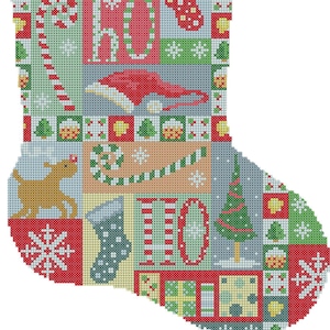 May include: A Christmas stocking with a patchwork design featuring a variety of festive motifs, including candy canes, snowflakes, reindeer, and the words "HO HO".