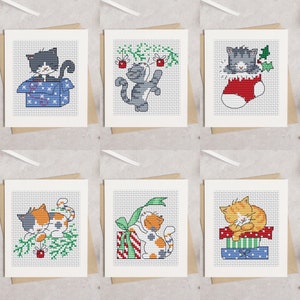 Padrão de ponto cruz para cartões de Natal de gatinhos por Lucie Heaton, gráfico de ponto cruz contado em PDF para download