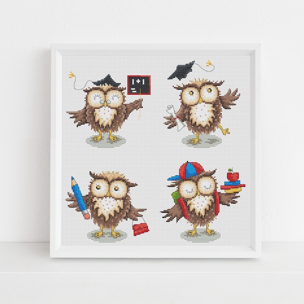 School Owls Card Cross Stitch Designs - PDF Cross Stitch Pattern -  Lucie Heaton