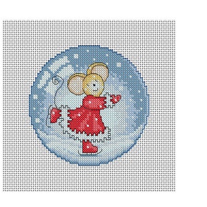 May include: Cross-stitch design of a mouse ice skating inside a snow globe. The mouse wears a red dress, mittens, and skates. The snow globe is light blue with white snowflakes.