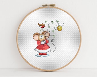 Furry Tales Christmas Twig Mouse, Cross Stitch Pattern by Lucie Heaton, PDF Counted Cross Stitch Chart Download