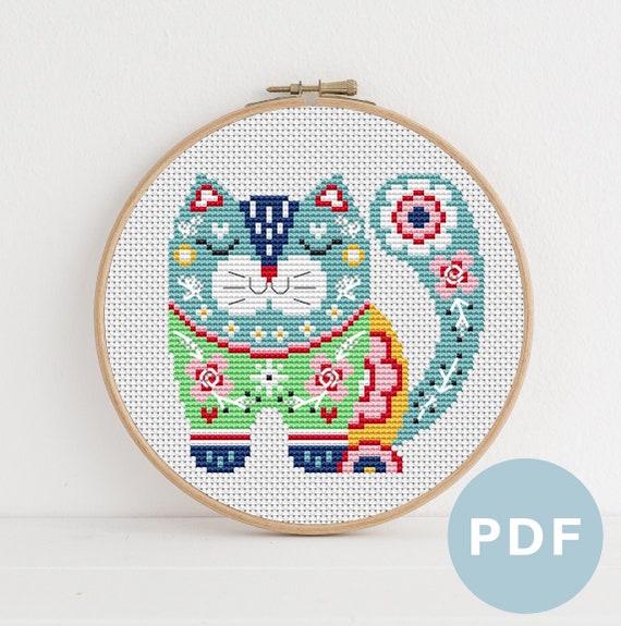 Folk Cat Cross Stitch Pattern - Lucie Heaton - Digital PDF Counted Cross Stitch Chart Download