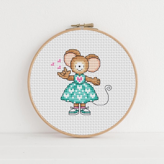 Furry Tales Sign Language Love  Mouse, Cross Stitch Pattern by Lucie Heaton, PDF Counted Cross Stitch Chart Download