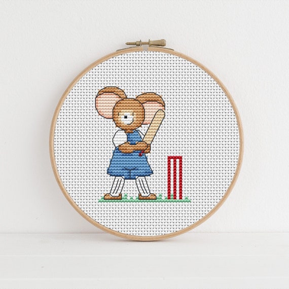 Furry Tales Cricket Mouse Cross Stitch Pattern / Sports Cross Stitch/ Mouse Cross Stitch Pattern PDF Download / Lucie Heaton