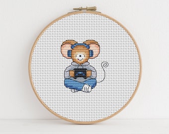 Furry Tales Gamer Monty Mouse - Cross Stitch Pattern - Lucie Heaton - Digital PDF Counted Cross Stitch Chart Download