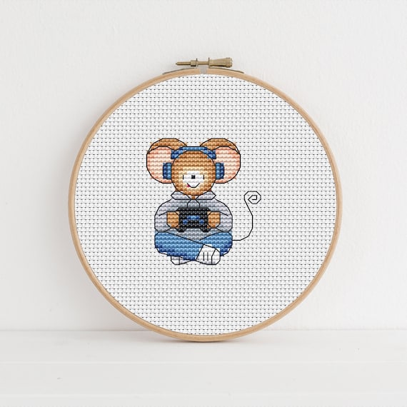 Furry Tales Gamer Monty Mouse - Cross Stitch Pattern - Lucie Heaton - Digital PDF Counted Cross Stitch Chart Download