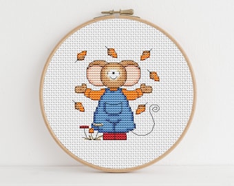 Furry Tales Autumn Leaves Mouse Cross Stitch Pattern / Fall Cross Stitch/ PDF Download / Lucie Heaton