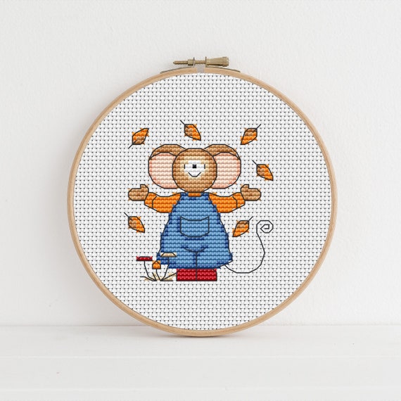 Furry Tales Autumn Leaves Mouse, Cross Stitch Pattern by Lucie Heaton,  PDF Counted Cross Stitch Chart Download