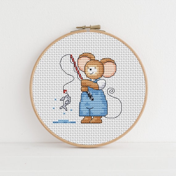 Furry Tales Fishing Mouse Cross Stitch Pattern / Angler Cross Stitch/ Mouse Cross Stitch Pattern PDF Download / Lucie Heaton