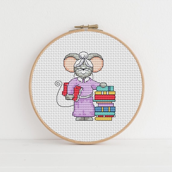 Furry Tales Librarian Mouse, Cross Stitch Pattern by Lucie Heaton, PDF Counted Cross Stitch Chart Download