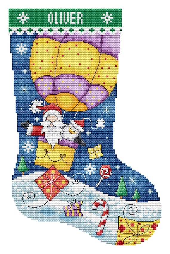 Santa Hot Air Balloon - Small Christmas Stocking - Cross Stitch Pattern - Lucie Heaton - Digital PDF Counted Cross Stitch Chart Download