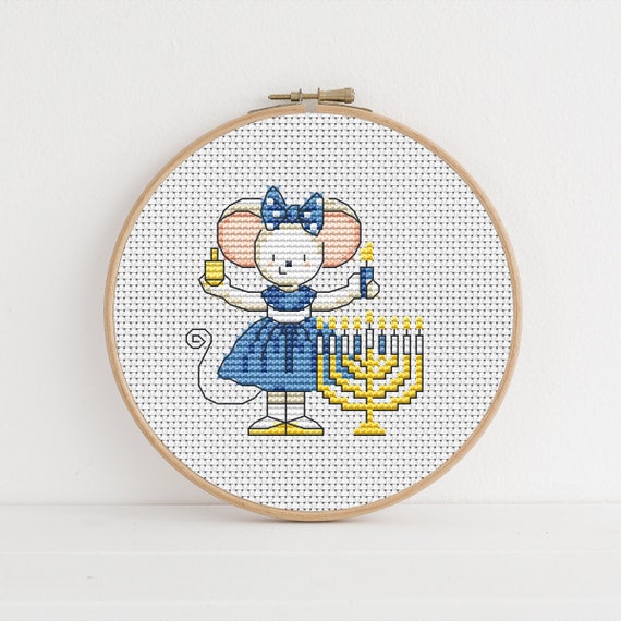 Furry Tales Hanukkah Mouse, Cross Stitch Pattern by Lucie Heaton,  PDF Counted Cross Stitch Chart Download