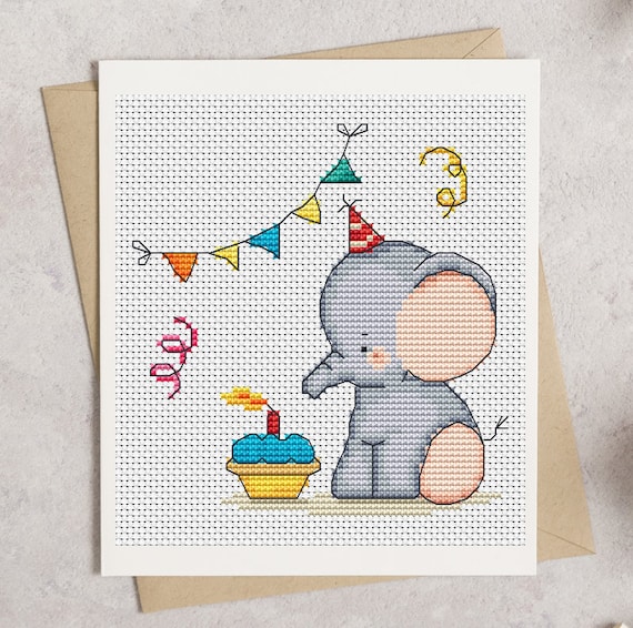 Elephant Birthday Cards Cross Stitch Pattern by Lucie Heaton, PDF Chart Download
