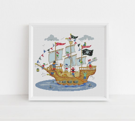 Jolly Pirate Ship Cross Stitch Pattern by Lucie Heaton, PDF Counted Cross Stitch Chart Download