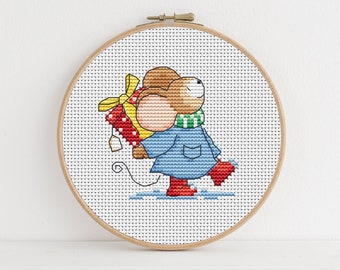 Furry Tales Christmas Present Mouse - Cross Stitch Pattern - Lucie Heaton - Digital PDF Counted Cross Stitch Chart Download