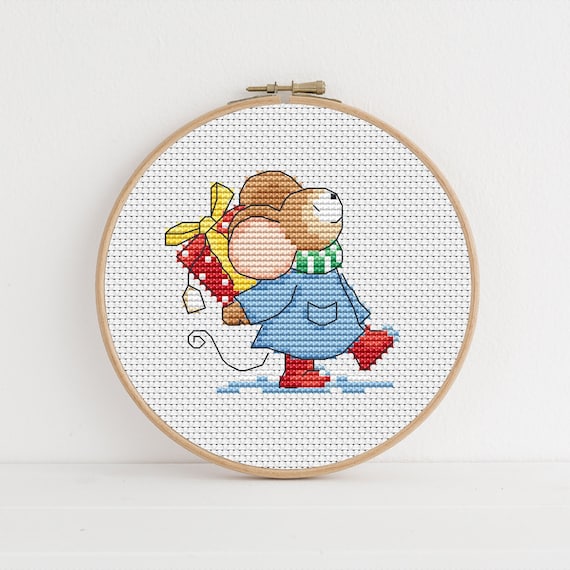 Furry Tales Christmas Present Mouse - Cross Stitch Pattern - Lucie Heaton - Digital PDF Counted Cross Stitch Chart Download