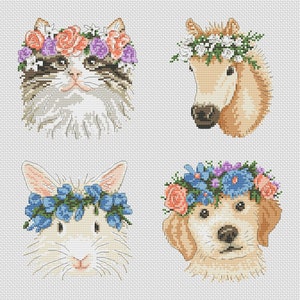 Flower Crown Dieren, Kat, Hond, Konijn en Pony Cross Stitch Patroon - Lucie Heaton - Digitale PDF Geteld Cross Stitch Chart Download