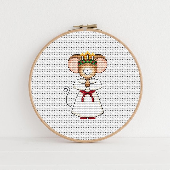 Furry Tales St Lucy's Day Mouse, Cross Stitch Pattern by Lucie Heaton, PDF Counted Cross Stitch Chart Download