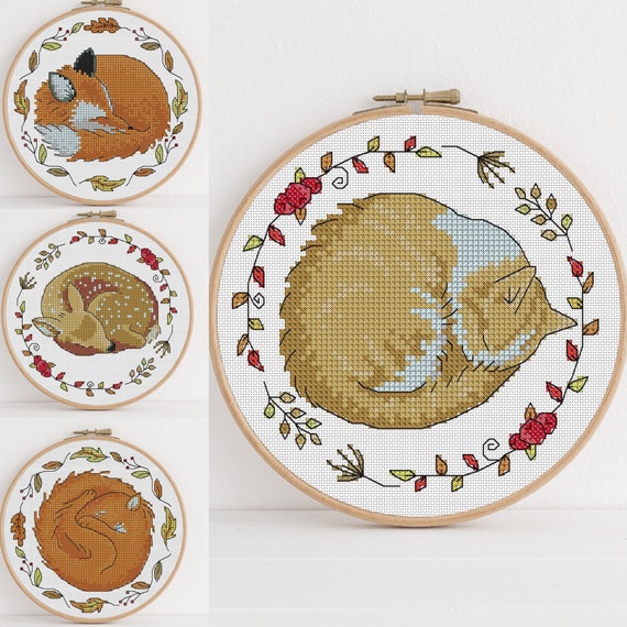 Autumn Fox, Cat, Fawn and Squirrel Cross Stitch Pattern - Lucie Heaton - Digital PDF Counted Cross Stitch Chart Download