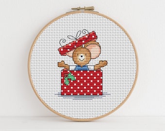 Furry Tales Christmas Gift Box Mouse - Cross Stitch Pattern - Lucie Heaton - Digital PDF Counted Cross Stitch Chart Download