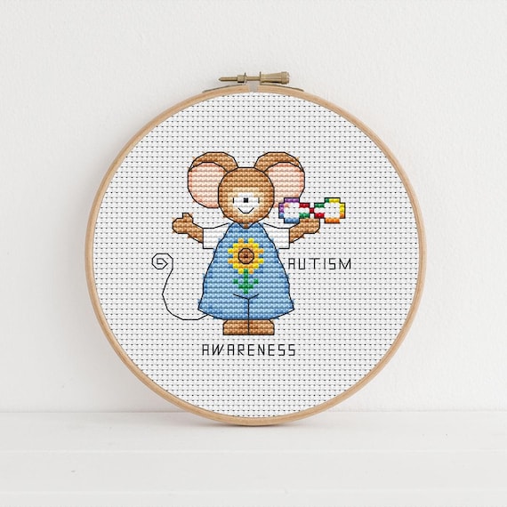 Furry Tales Autism Awareness Mouse, Cross Stitch Pattern by Lucie Heaton,  PDF Counted Cross Stitch Chart Download