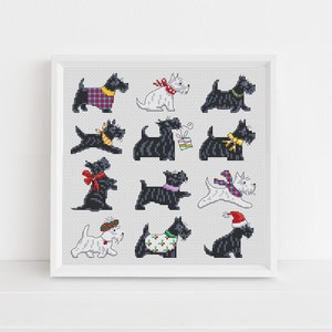 Kerst Scottie Dogs, sampler of kaarten Kruissteekpatroon van Lucie Heaton, pdf-tabel met getelde kruissteekpatronen downloaden