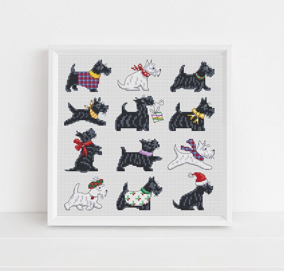 Christmas Scottie Dogs, Sampler or Cards Cross Stitch Pattern by Lucie Heaton, PDF Counted Cross Stitch Chart Download